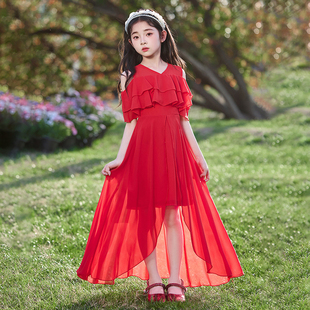 雪纺沙滩裙 洋气拖尾公主裙小女孩夏天薄款 女童连衣裙夏季 2025新款