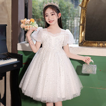 女童连衣裙夏季2025新款儿童生日礼服公主裙小女孩白色婚纱演出服