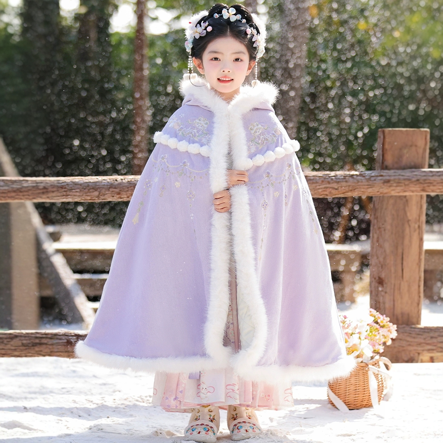 女童汉服冬季中国风加厚连帽披风