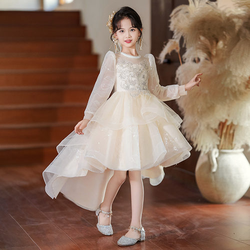 女童礼服裙春秋花童拖尾连衣裙