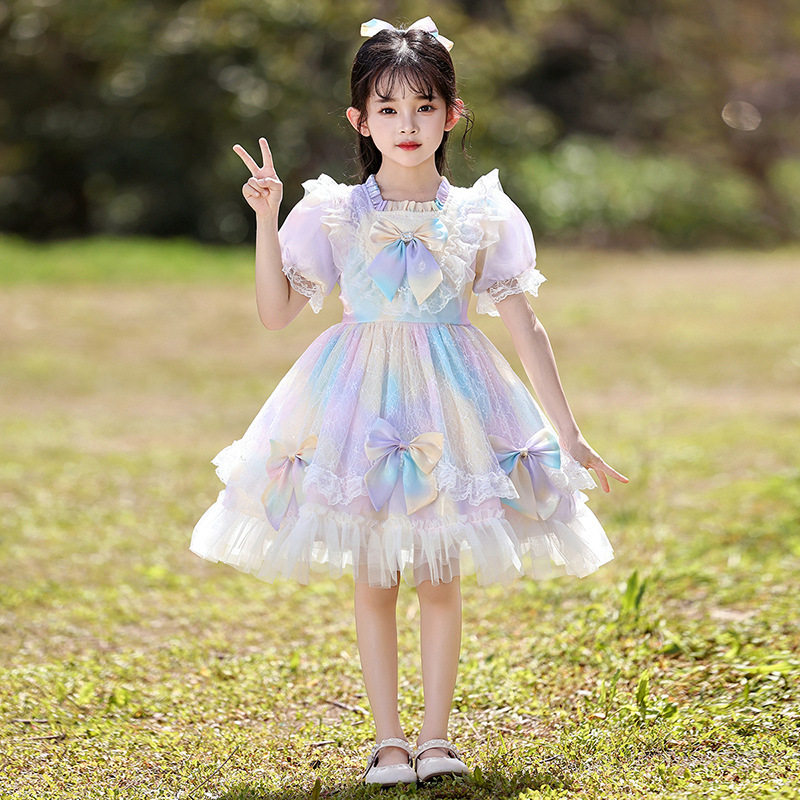 女童洛丽塔公主裙夏装2026新款洋气儿童萝莉塔蓬蓬彩虹网纱连衣裙