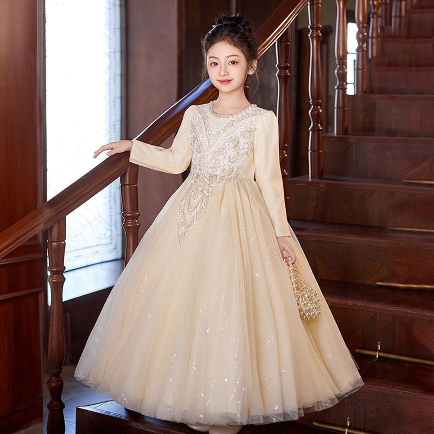 女童礼服公主裙冬季加绒儿童高端花童生日蓬蓬纱主持人钢琴演出服