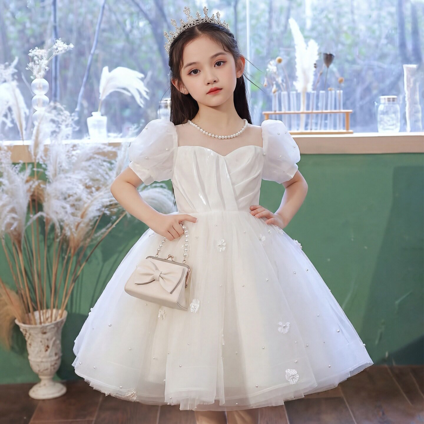 女童小礼服白色公主裙花童婚礼小女孩高端主持人儿童钢琴演奏出服