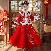 喜庆唐装 汉服女童冬装 加绒加厚拜年服儿童古风公主裙女孩国风冬款