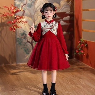 女童旗袍2025新款秋装连衣裙儿童新中式国风唐装秋冬女孩红色裙子