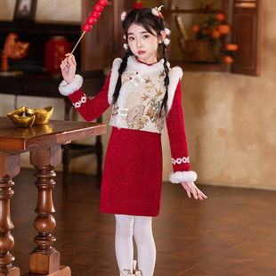 女童旗袍冬季红色拜年服儿童新中式国风女孩新年战袍过年衣服冬装