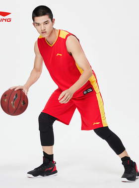 李宁夏季男士篮球套装梭织短袖背心上衣直筒五分运动短裤AATP067