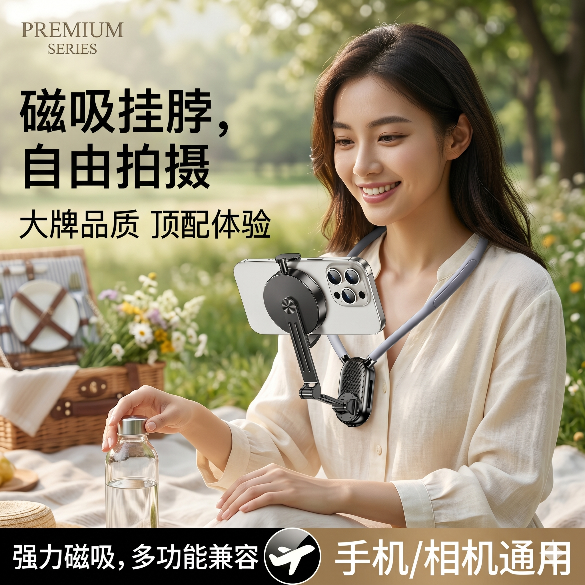 挂脖手机支架第一视角拍摄设备磁吸防抖全景相机直播运动相机通用