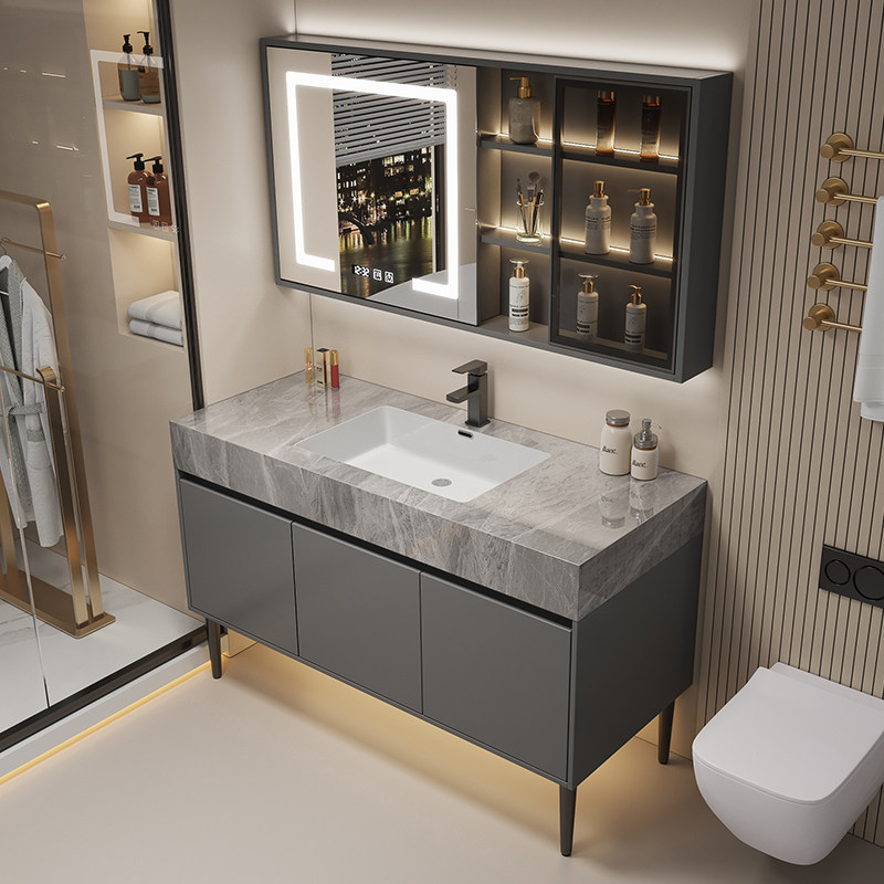 岩板无缝陶瓷一体盆落地式浴室柜组合卫生间洗手台洗脸洗漱池轻奢