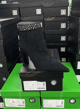 美国设计师买手高奢品牌羊皮粗跟尖头气质侧拉链短靴4138黑色