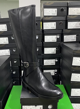 专柜正品牛皮拼接显瘦气质侧拉链绑带平底不过膝高筒骑士靴JQA