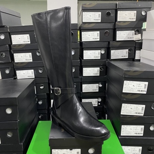 专柜正品 牛皮拼接显瘦气质侧拉链绑带平底不过膝高筒骑士靴JQA