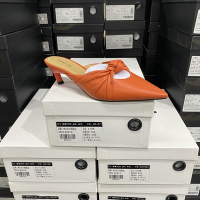 春季新款LENGYUE专柜正品羊皮细跟包头后空浅口单鞋5833橙色