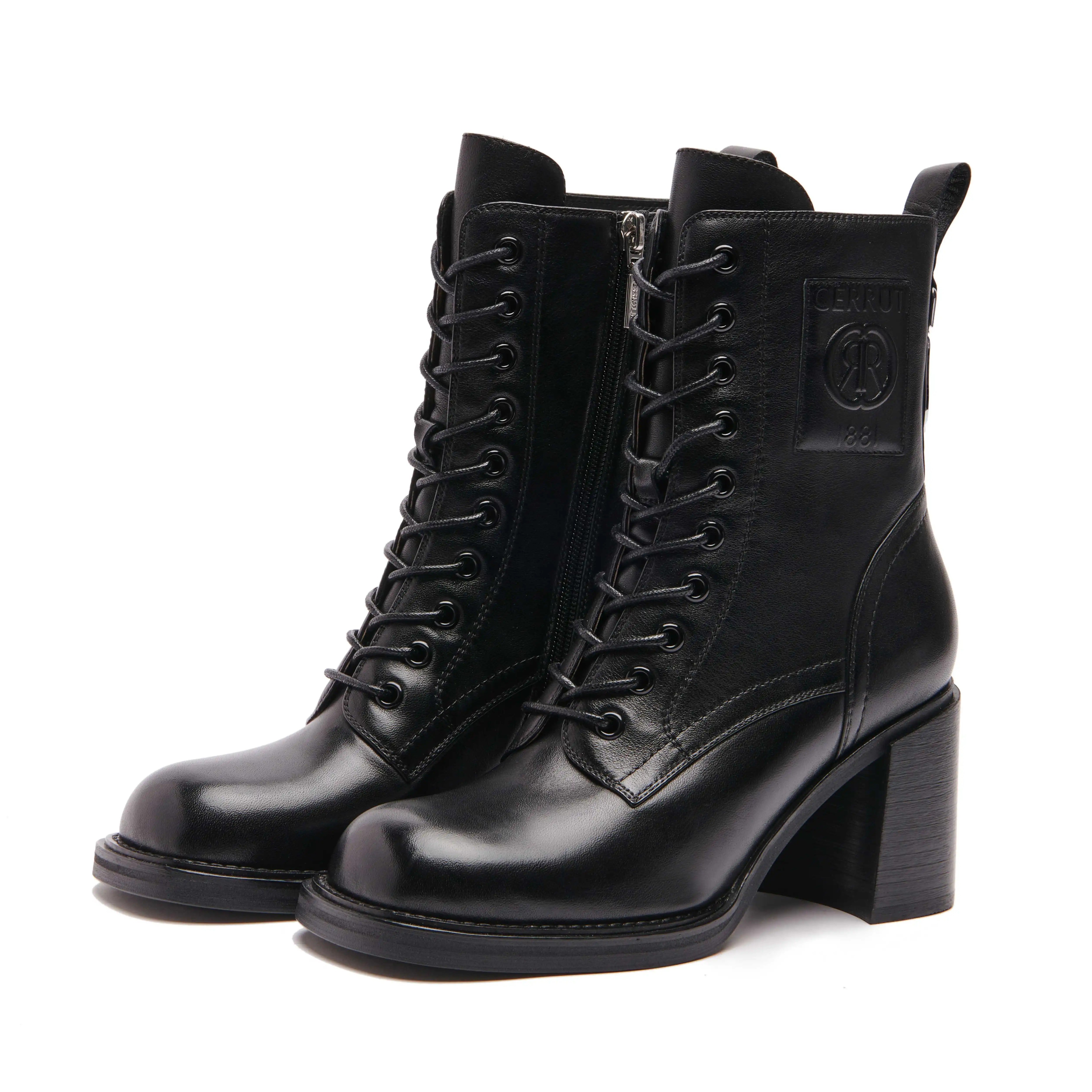CERRUTI·I88I切瑞蒂法国顶奢品牌方粗跟胎牛皮短靴CT613黑色