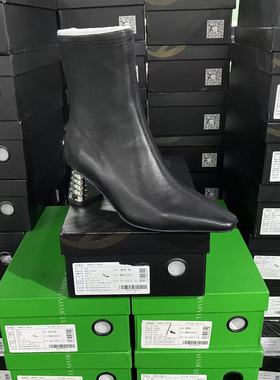 美国设计师买手高奢品牌K羊皮镭射粗跟简约轻便百搭短靴4076黑色