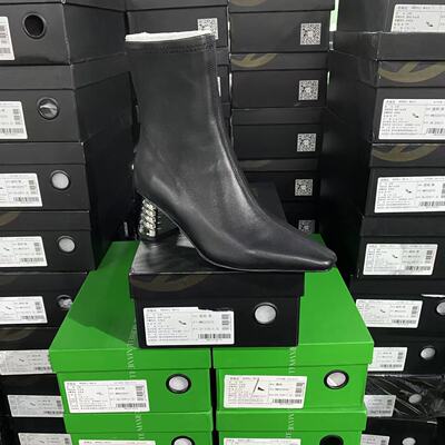 美国设计师买手高奢品牌K羊皮镭射粗跟简约轻便百搭短靴4076黑色