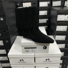 实体专柜意大利设计师轻奢品牌新款牛皮流苏低跟时尚短靴8135黑色