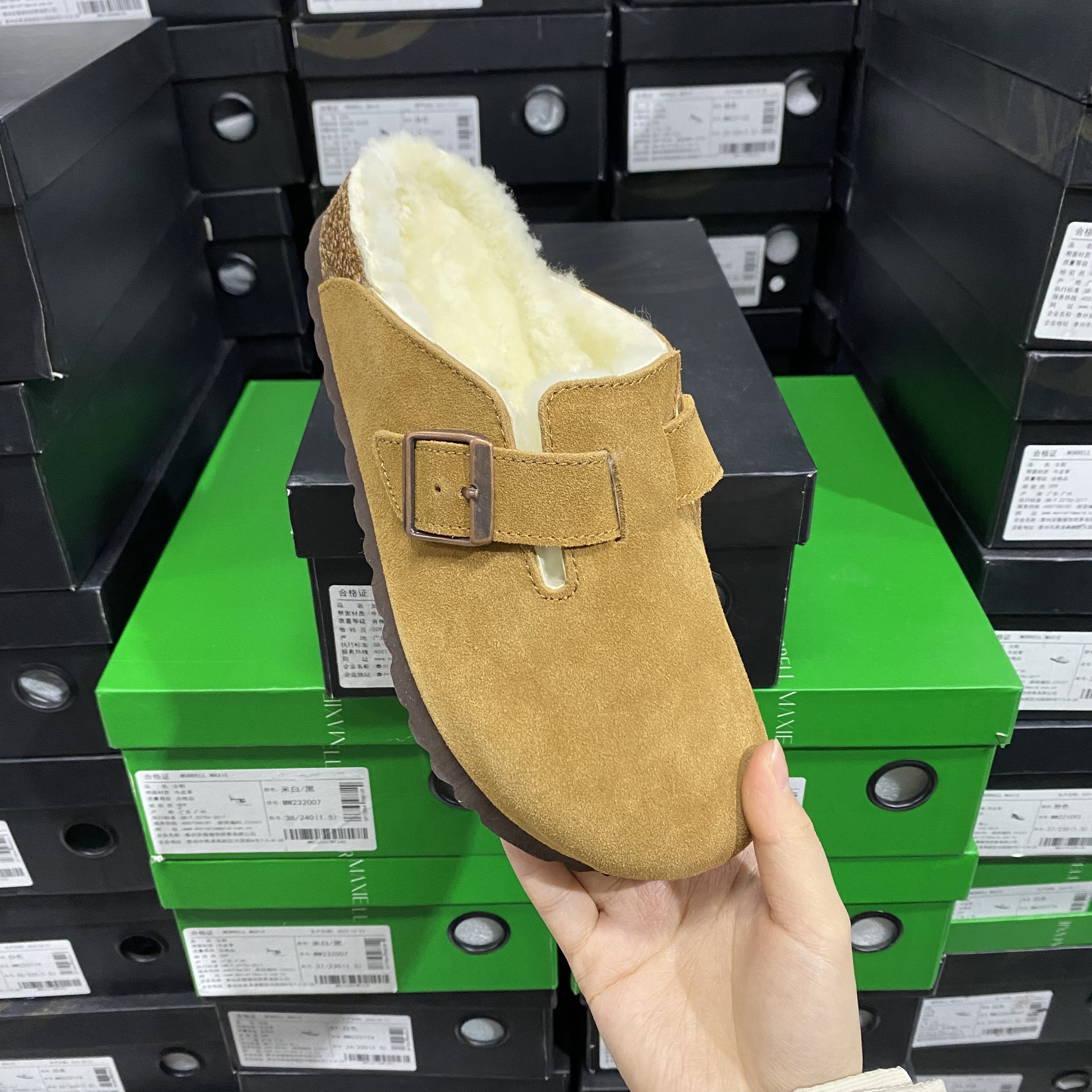 新款冬季牛皮羊皮毛一体保暖加绒日常通勤勃肯鞋半拖包头拖-栗色,女鞋,勃肯鞋/软木鞋,淘宝优惠券,粉丝福利购,淘宝优惠卷