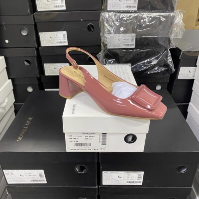 意大利轻奢专柜正品夏季新款牛皮方头方扣法式粗跟凉鞋1412粉红色