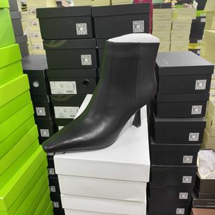 意大利轻奢专柜正品 尖头细跟侧拉链小牛皮短靴7054黑色