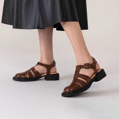 意大利轻奢专柜正品镂空牛皮凉鞋1552棕色