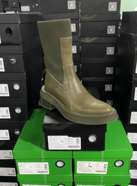 美国设计师买手高奢品牌英伦风牛皮厚底复古百搭短靴4066军绿色