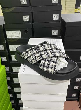 意大利轻奢专柜正品F千鸟格拖鞋1383黑色