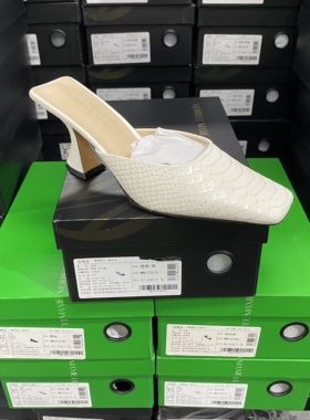 美国设计师买手高奢品牌G蛇纹牛皮方头细高跟后空单鞋2024白色