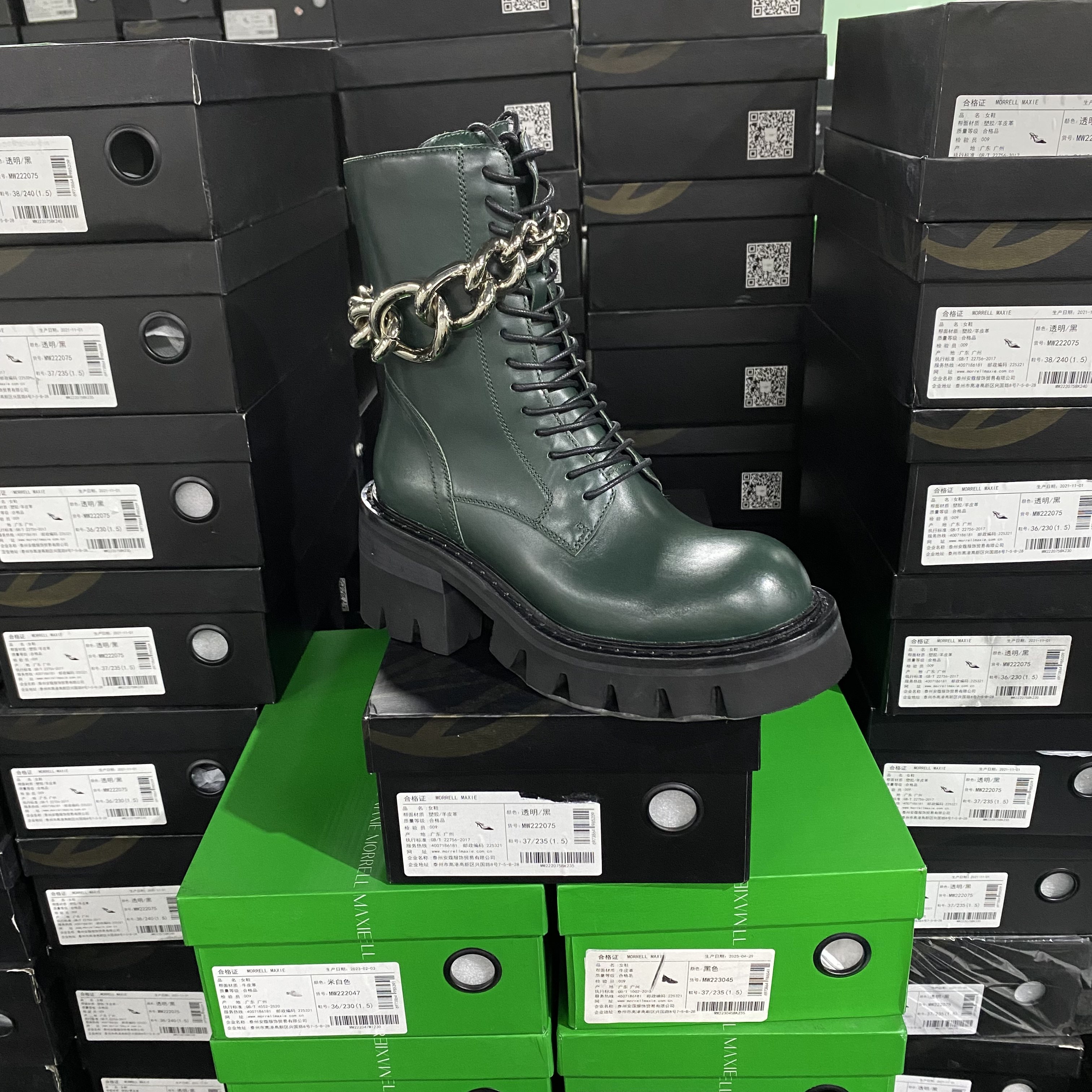 美国设计师买手高奢品牌J牛皮系带侧拉金属链条厚底靴4052墨绿色,女鞋,时装靴,淘宝优惠券,粉丝福利购,淘宝优惠卷