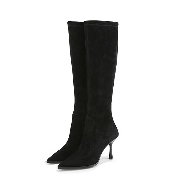 美国设计师买手高奢品牌羊反绒尖头细跟时尚气质长靴4107黑色