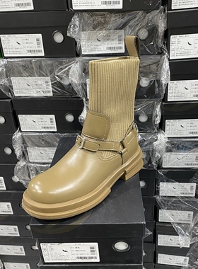 意大利轻奢专柜正品牛皮编织桶拼接马丁短靴9302卡其色