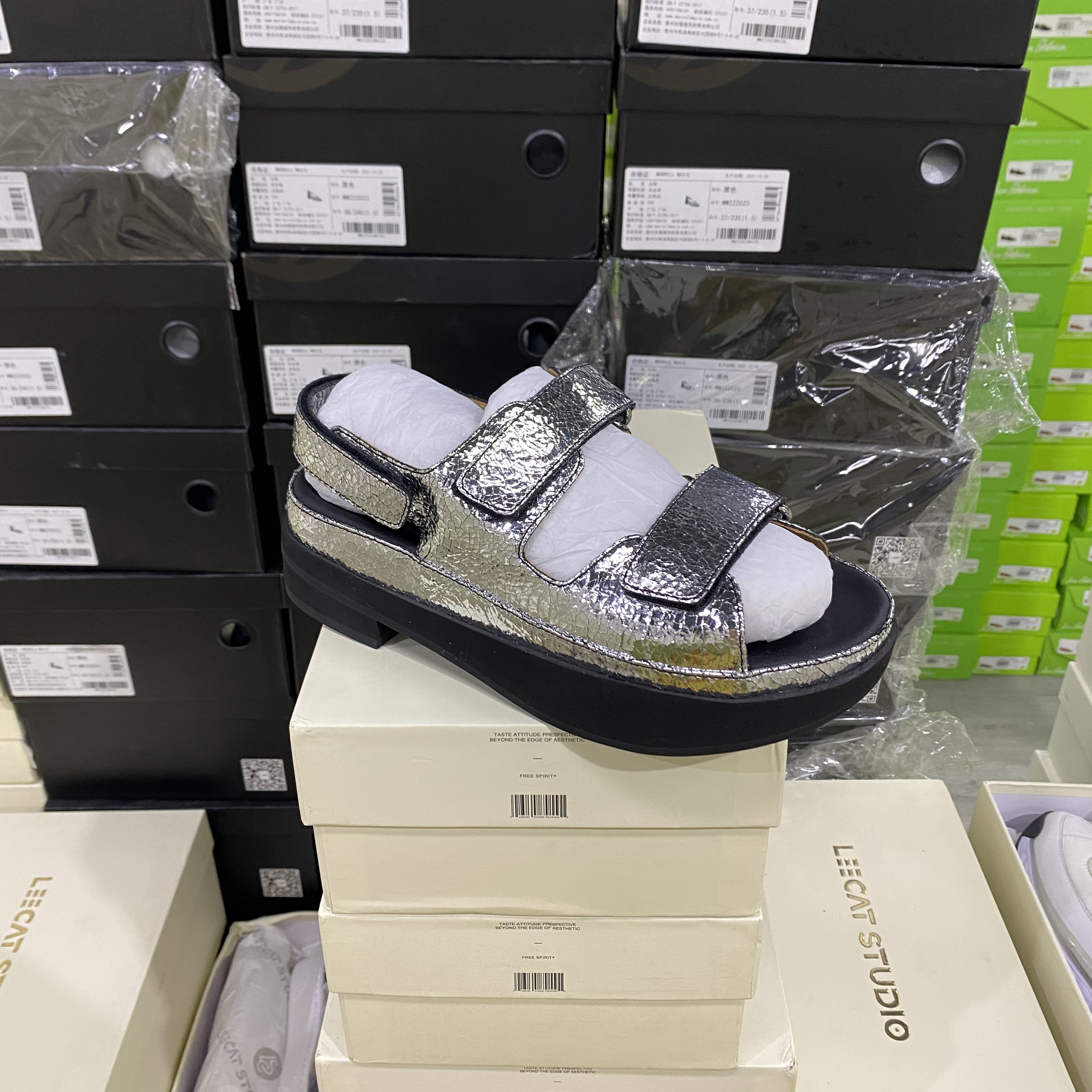 LS专柜正品I小香风魔术贴凉鞋0029银色