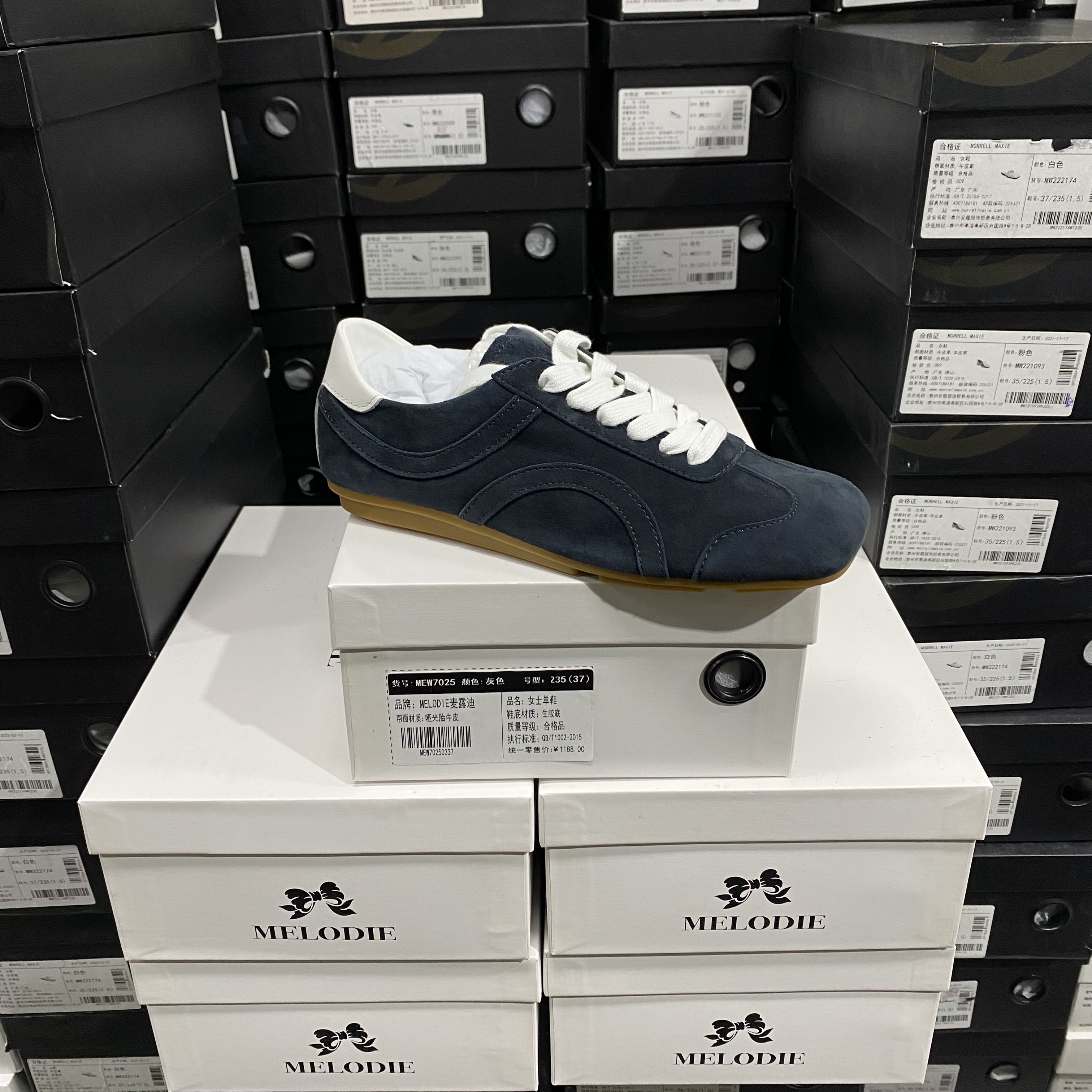 实体专柜意大利设计师轻奢品牌羊反绒方头休闲鞋德训鞋6517牛仔蓝