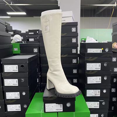 美国设计师买手高奢品牌牛皮方头粗高跟气质长筒女靴4156米白色