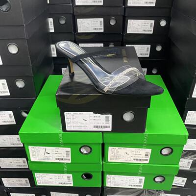 美国设计师买手高奢品牌H羊皮一字带水钻露趾高跟凉鞋2075透明黑