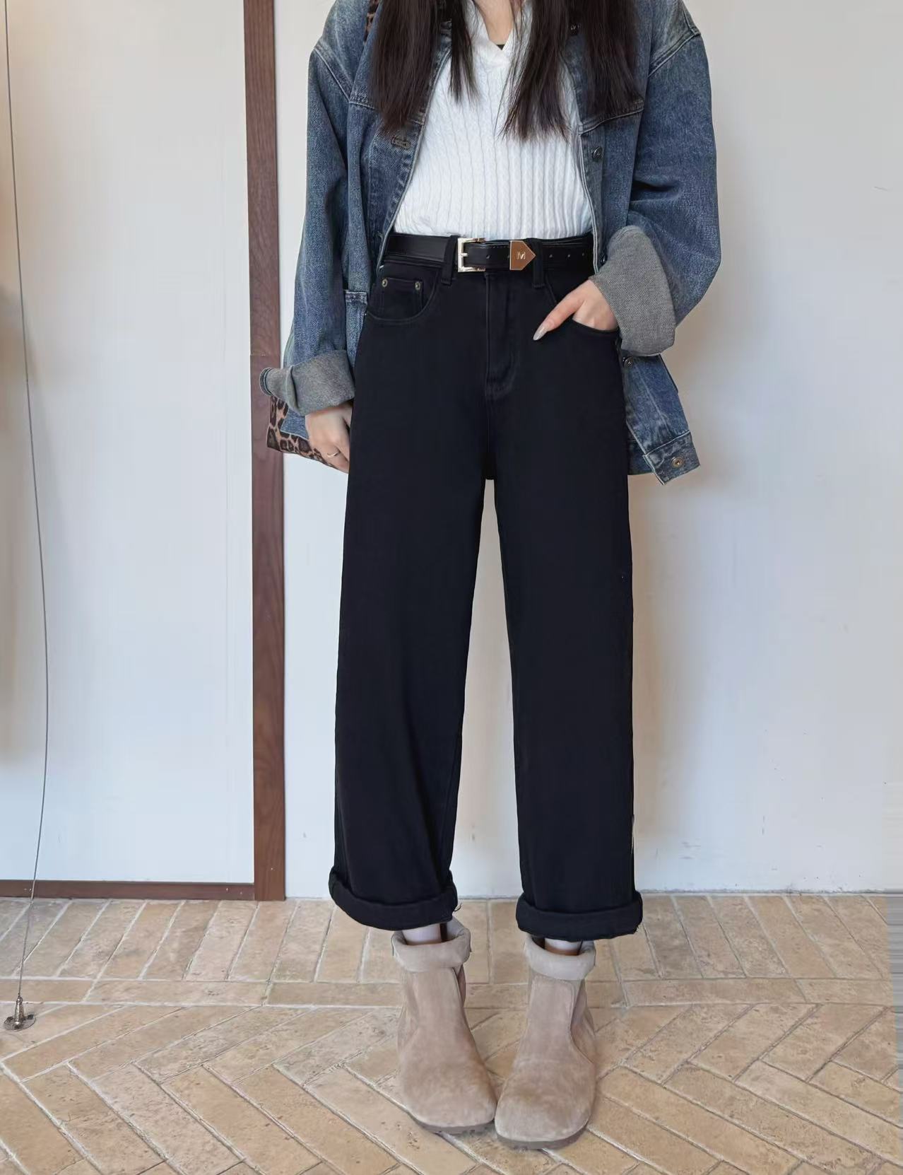 迷设8803黑色小个子阔腿裤加绒牛仔裤九分直筒法棍裤挽脚2025冬季