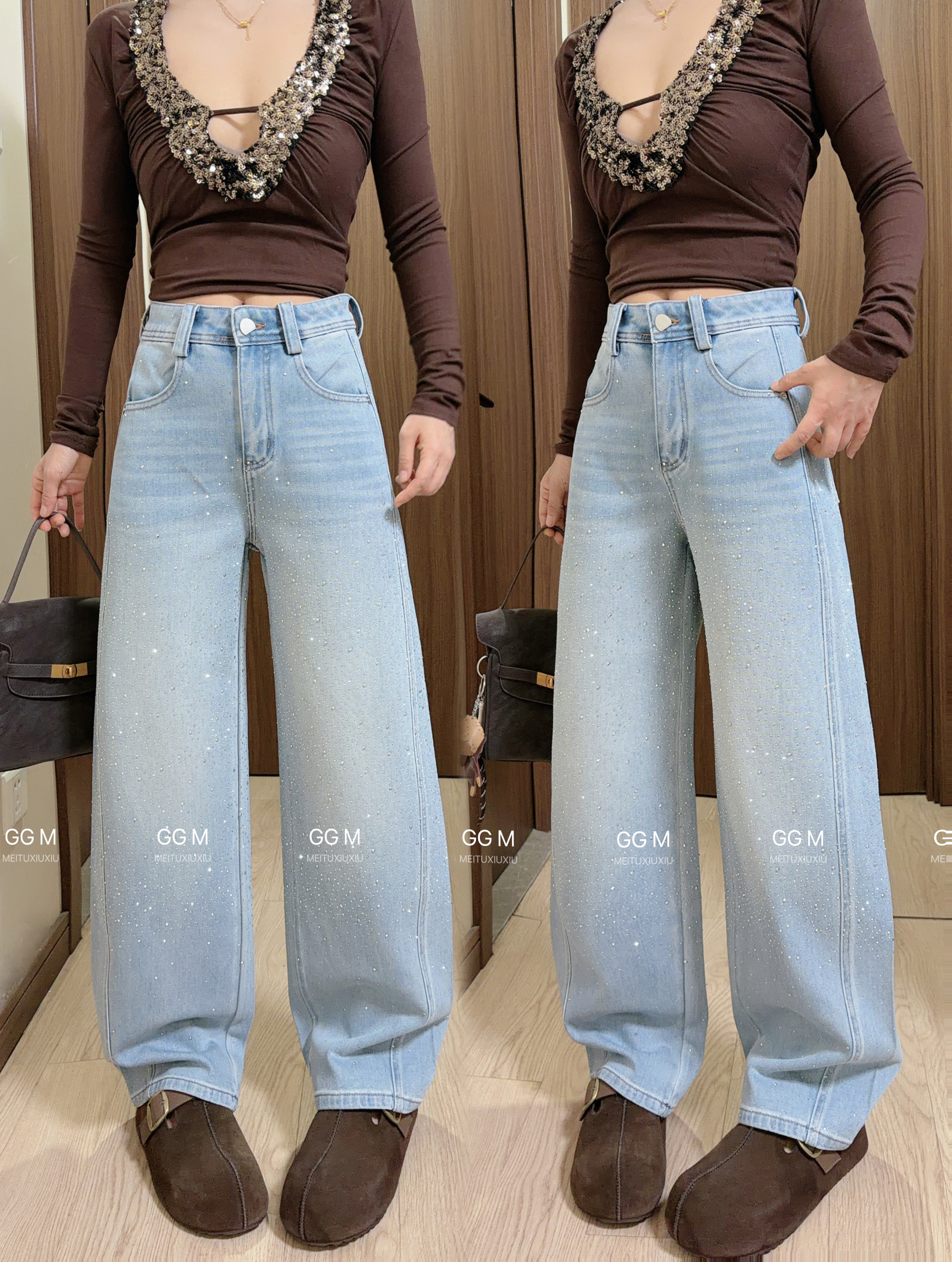 十米田58751爆款2026年春季新款宽松高腰满天星烫钻弯刀裤牛仔裤,女装/女士精品,牛仔裤,淘宝优惠券,粉丝福利购,淘宝优惠卷