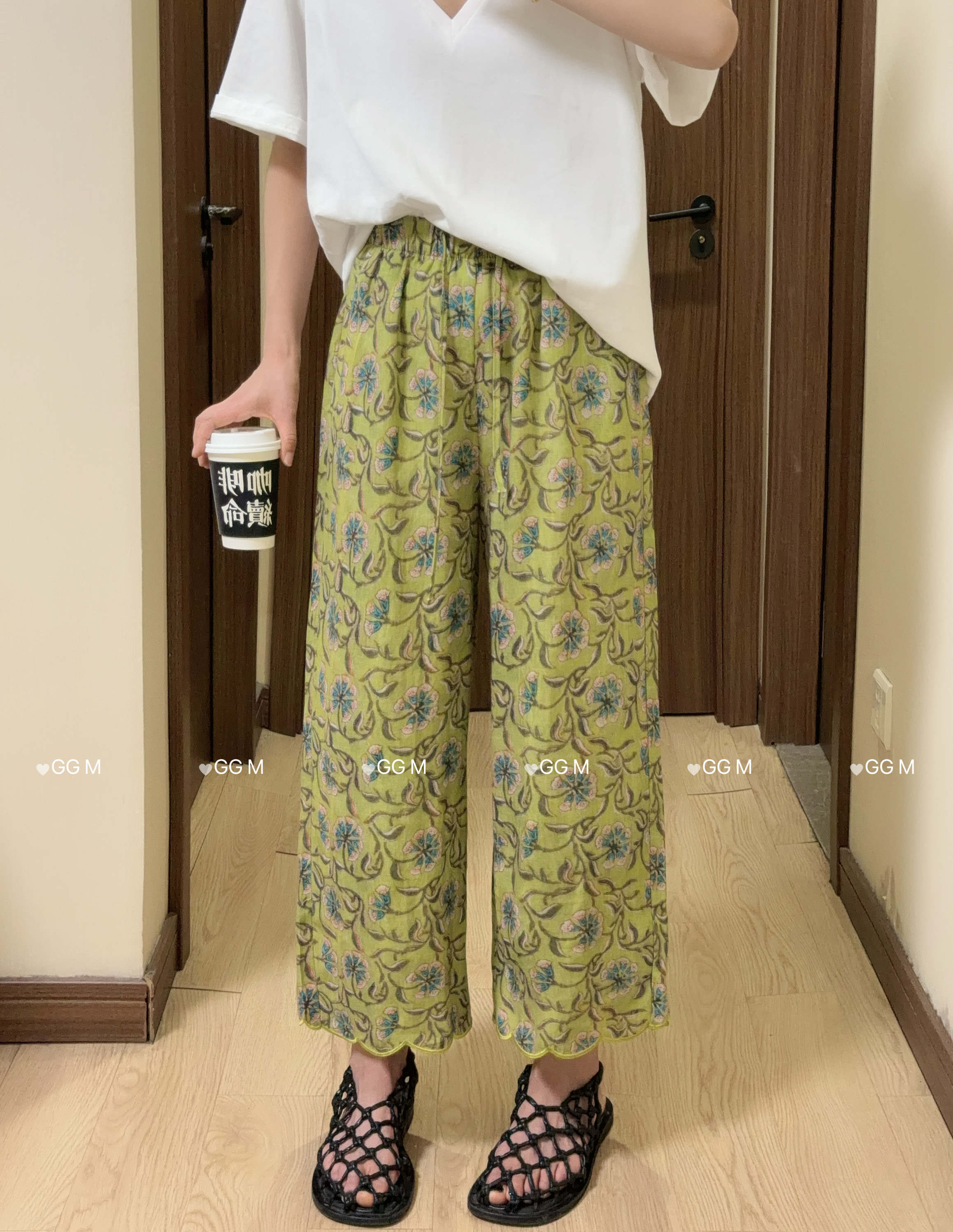 十米田2850夏季气质松紧腰提花亚麻直筒裤女时尚百搭休闲裤九分裤