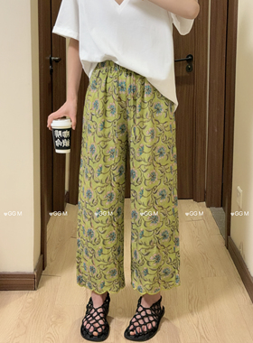 十米田2850夏季气质松紧腰提花亚麻直筒裤女时尚百搭休闲裤九分裤