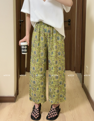 十米田2850夏季气质松紧腰提花亚麻直筒裤女时尚百搭休闲裤九分裤