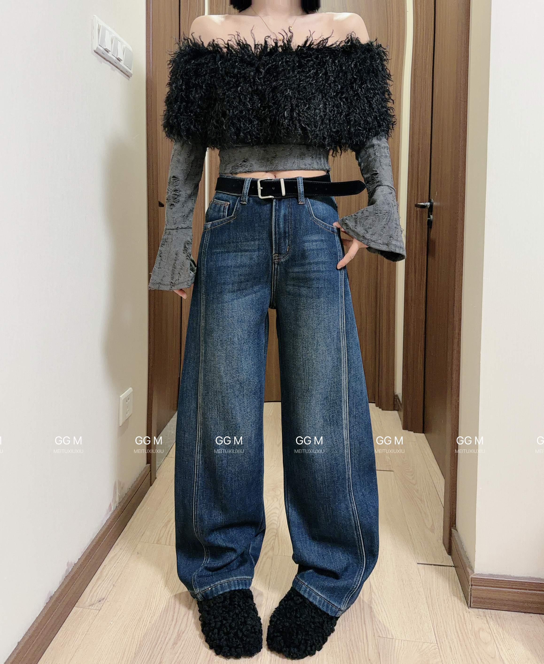 十米田66038深蓝色加绒弯刀裤牛仔裤女冬季拖地裤宽松显瘦直筒裤