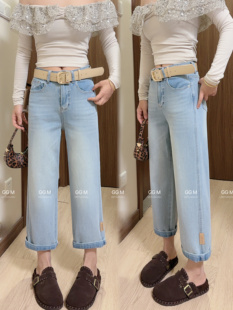 蓝色弹力九分裤 卷边直筒裤 子 女2026春季 迷设8826欧货牛仔法棍裤
