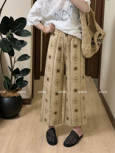 十米田2869夏季百搭花裤显瘦太阳花天丝亚麻直筒阔腿女款休闲裤