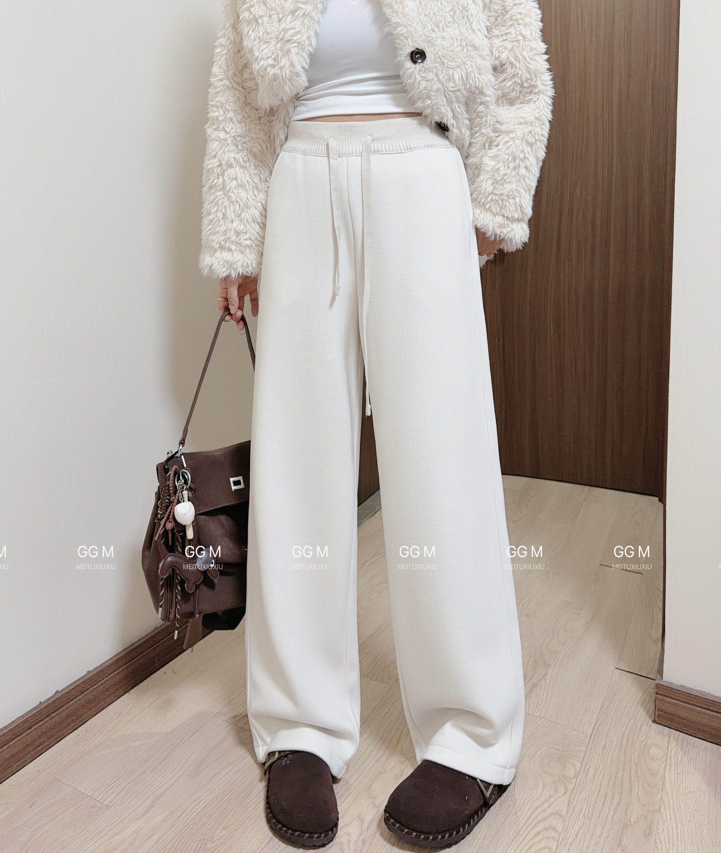 十米田1895显瘦垂感阔腿裤女抽绳松紧高腰白色直筒休闲毛呢拖地裤