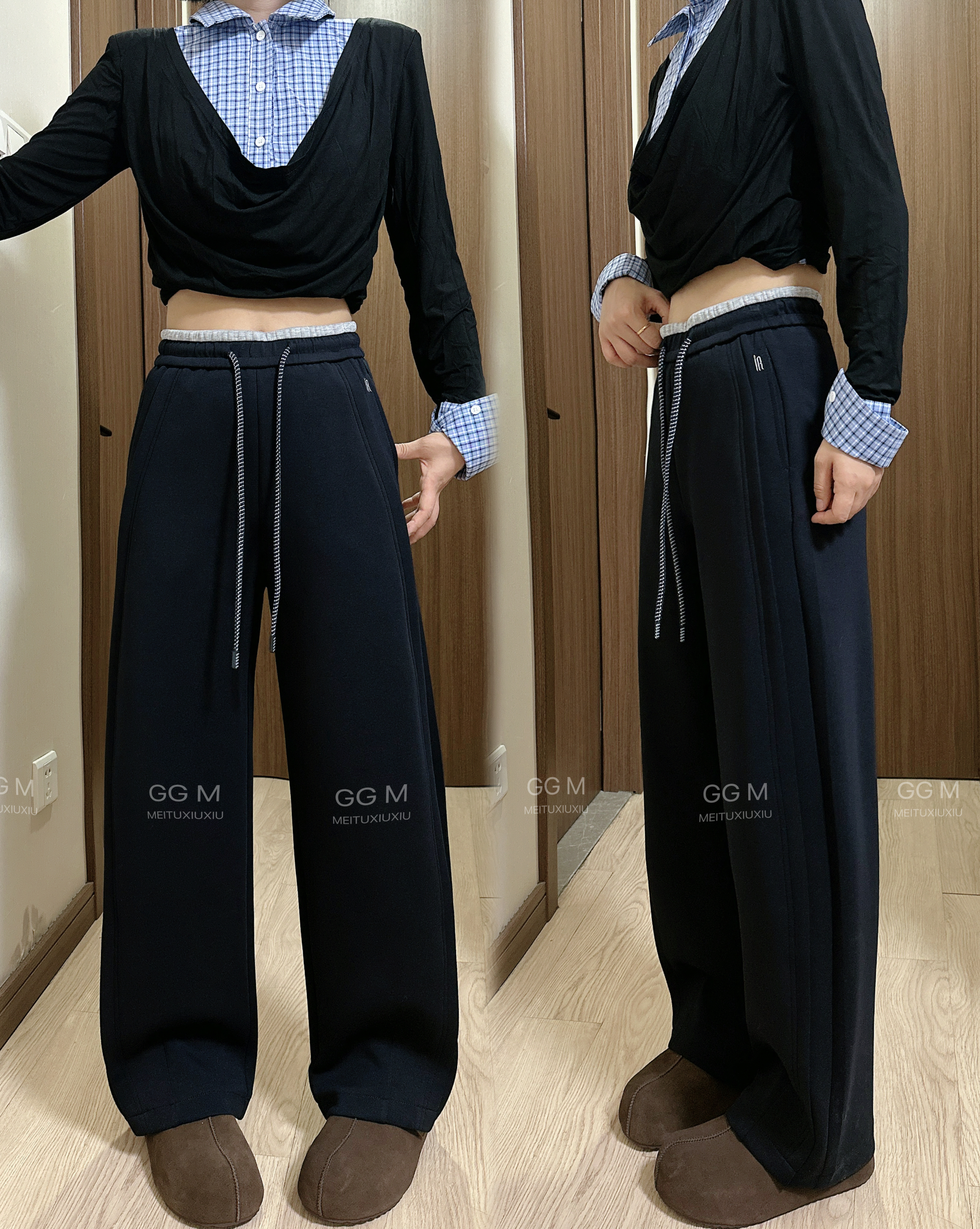 十米田1832藏青色拖地裤女冬季加绒休闲裤香蕉卫裤宽松垂感弯刀裤
