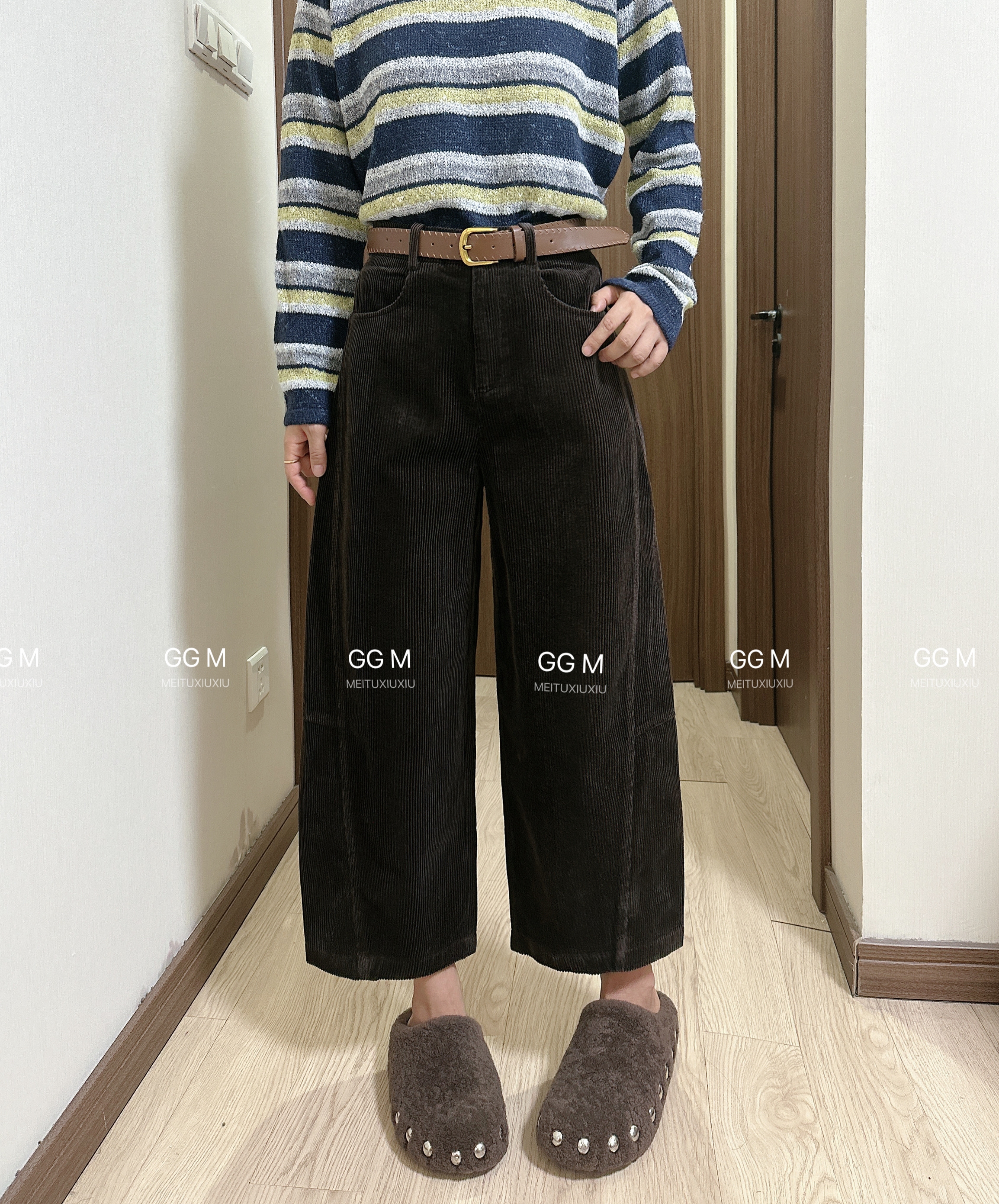 十米田1866欧货女装秋季新款时尚弯刀裤百搭灯芯绒直筒阔腿休闲裤