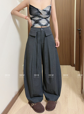 十米田99016慵懒风韩系西装裤女春季2026新款系带阔腿休闲拖地裤