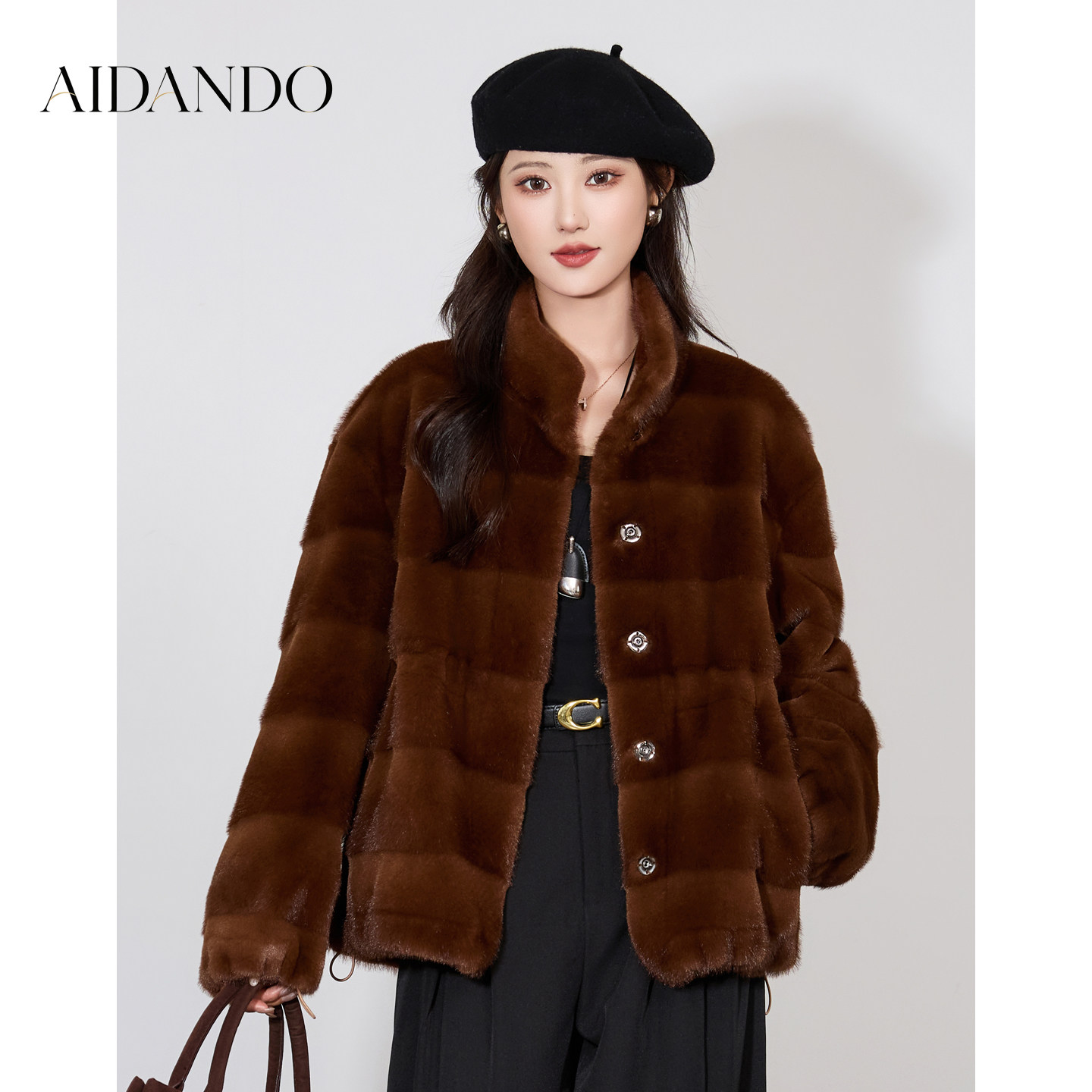 AIDONDO高级感仿水貂绒立领短款皮草女秋冬环保毛毛保暖上衣外套