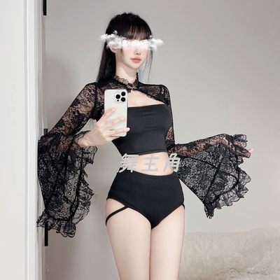 新款酒吧ds演出服夜店gogo领舞服性感dj女歌手黑色蕾丝喇叭袖套装