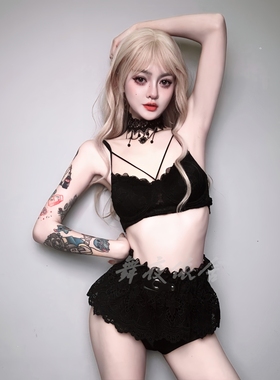 酒吧DS演出服新款女DJ领舞台chic性感辣妹黑色蕾丝爵士舞时尚套装